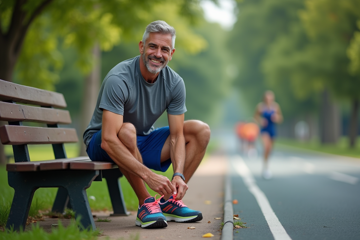 Homme d age moyen lace ses chaussures sur un banc en extérieur