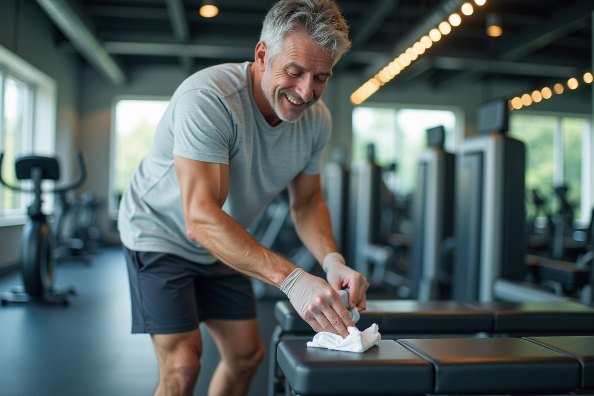 Homme nettoyant un banc de musculation dans la salle