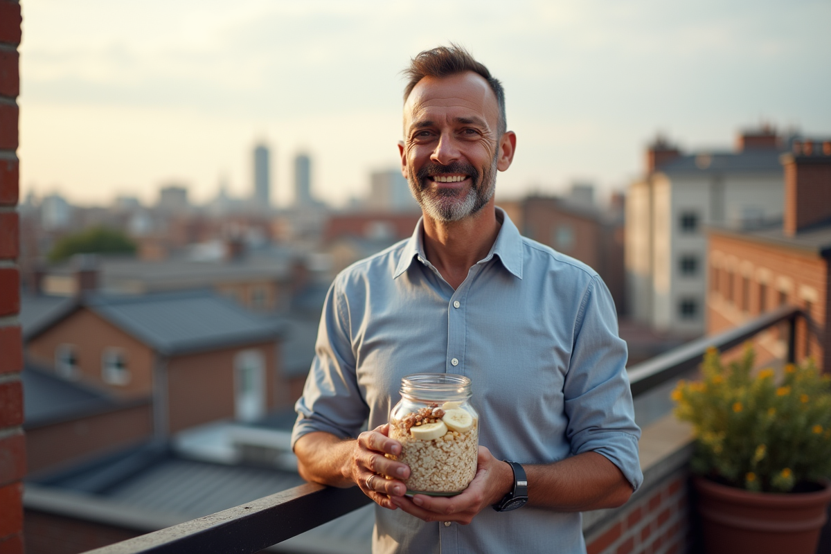 Homme tenant un pot de flocons d