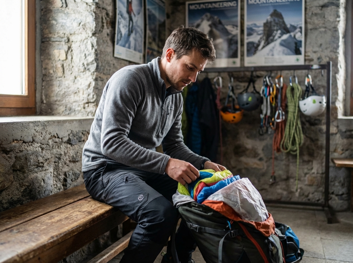 Homme préparant son matériel de parapente en intérieur