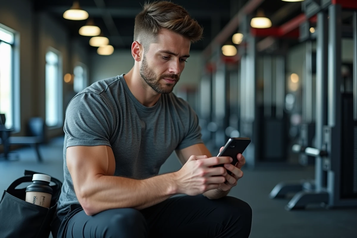 Homme consultant son programme Sport-rip sur smartphone dans une salle de sport