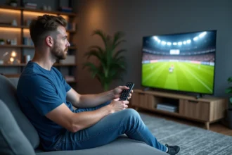 Homme assis dans un salon regardant un match de football à la télé