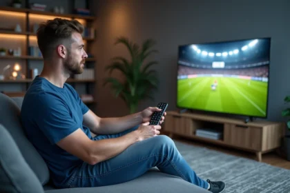 Homme assis dans un salon regardant un match de football à la télé