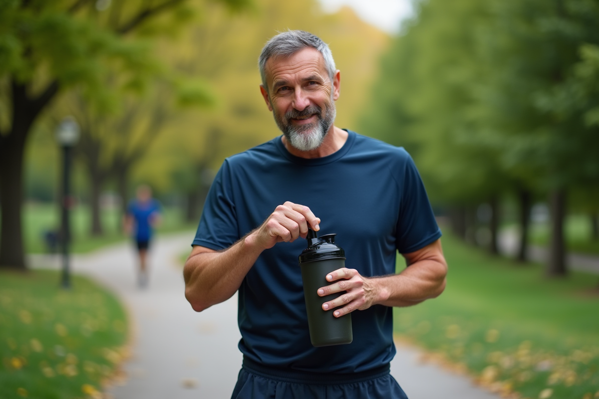 Homme sportif ouvrant un shaker dans un parc