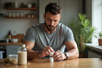 Homme musclé en cuisine avec capsules d'huile de poisson