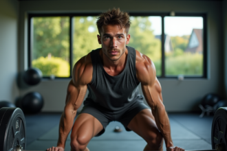 Jeune homme végétarien en pleine séance de squat en salle