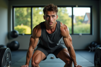 Jeune homme végétarien en pleine séance de squat en salle