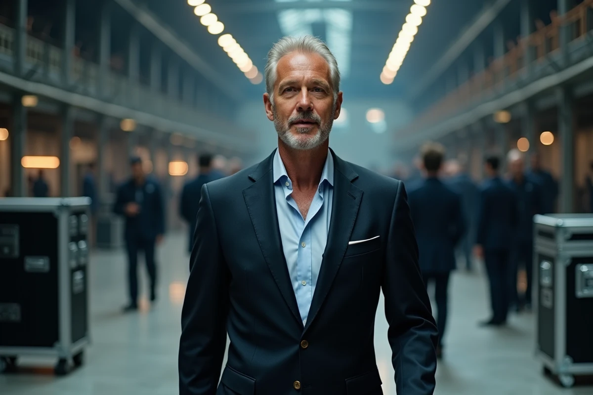 Homme d age en costume dans coulisses d arena