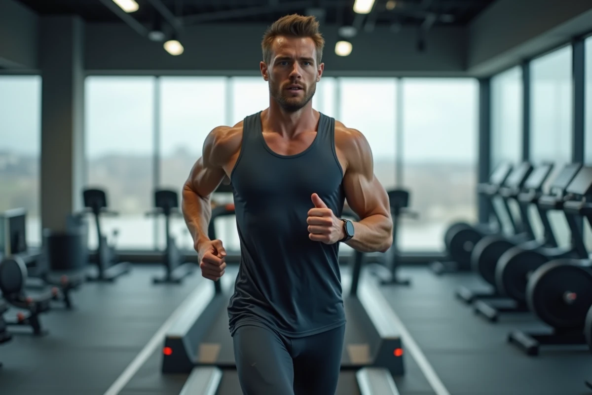 Homme qui court sur un tapis de course en salle de sport avec écran affichant la vitesse en km/h
