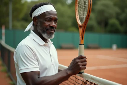 Homme noir d'âge moyen en polo blanc tennis vintage