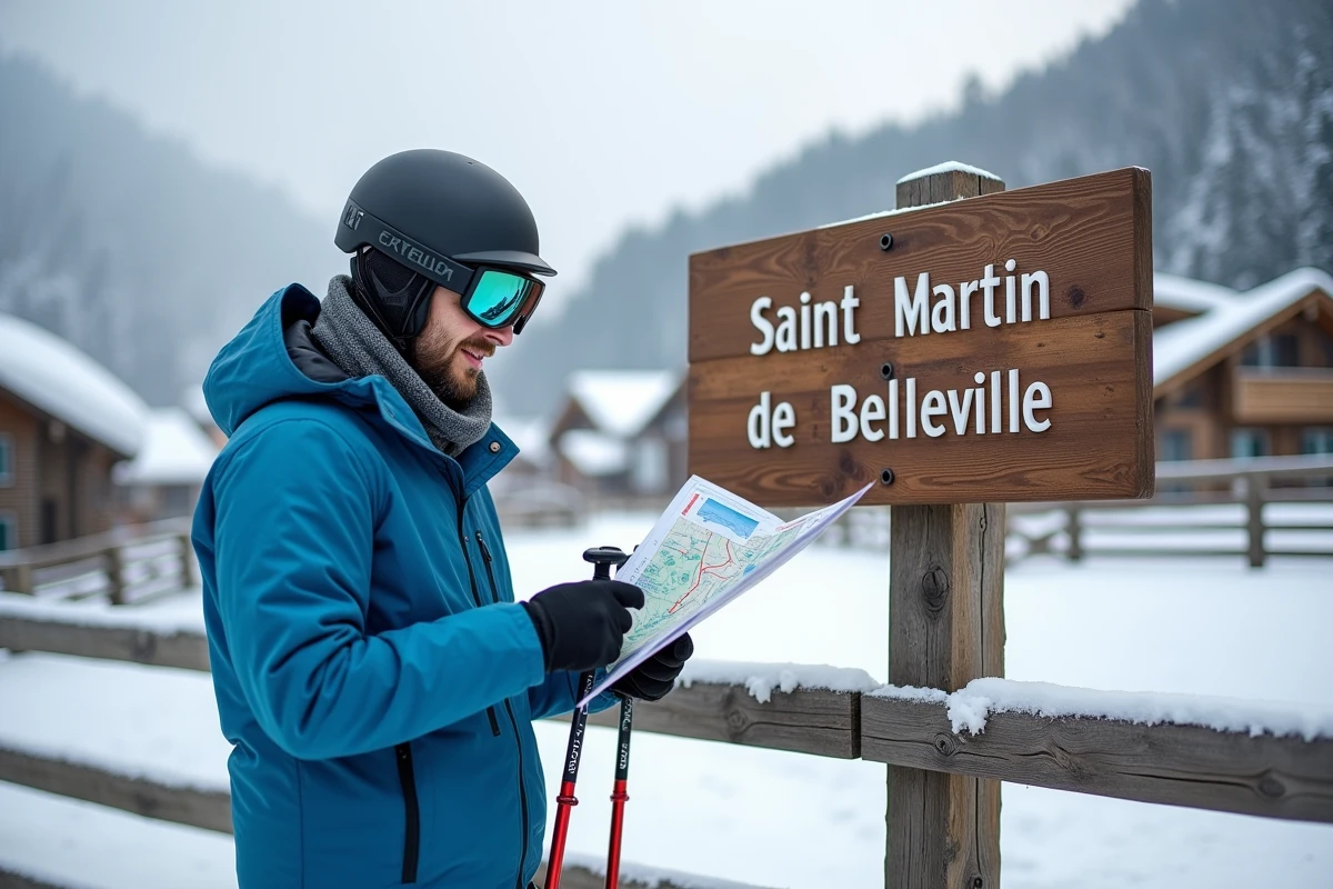 Homme vérifiant une carte des pistes dans la vallée enneigée