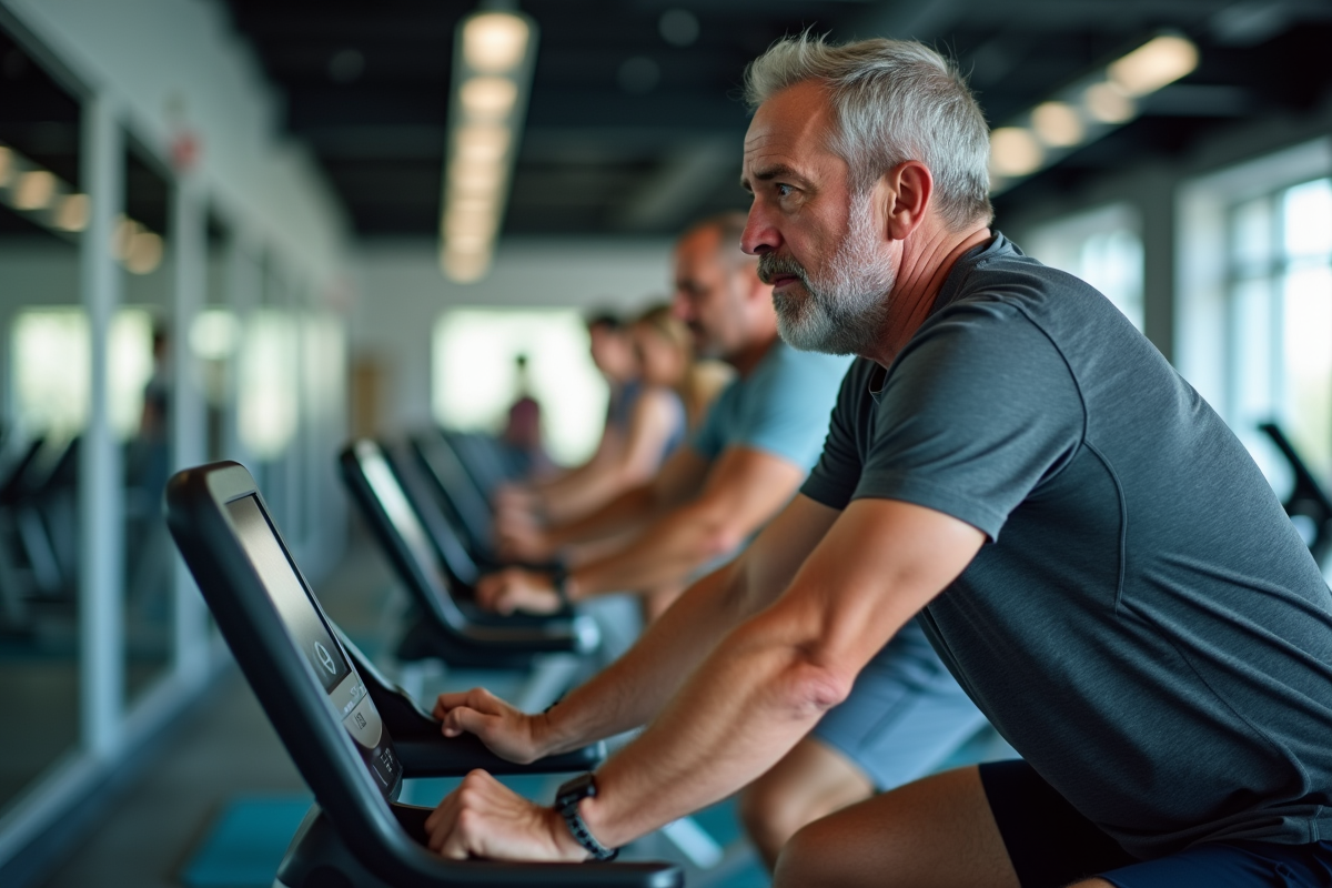 Homme d age moyen sur un vélo stationnaire dans une salle de sport