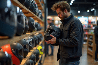 Jeune homme examine casque moto en magasin