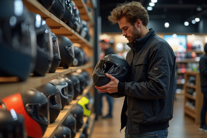 Jeune homme examine casque moto en magasin