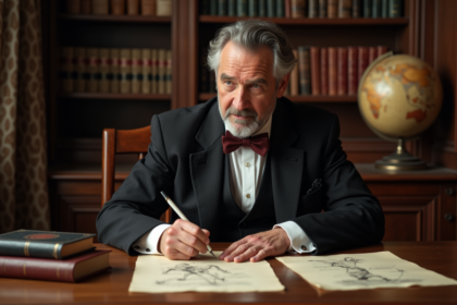 Homme victorien écrivant avec plume dans un bureau ancien