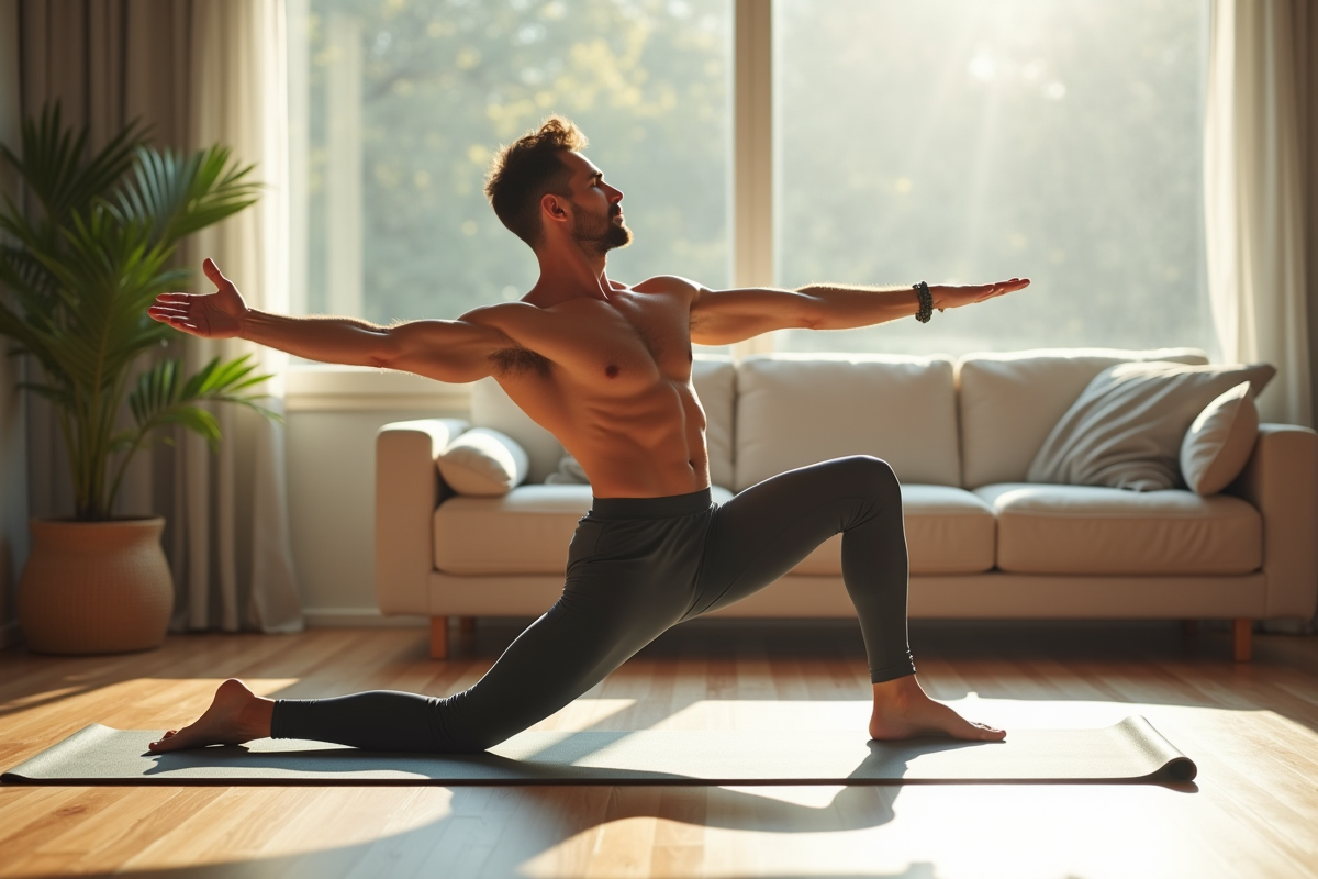 Homme faisant du yoga dans une pièce lumineuse et paisible