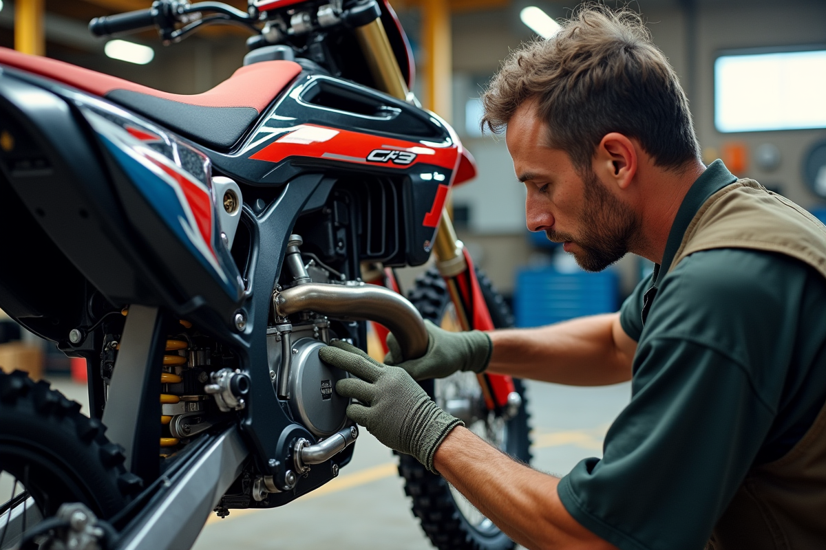 Mécanicien inspectant le moteur et suspension de la dirt bike
