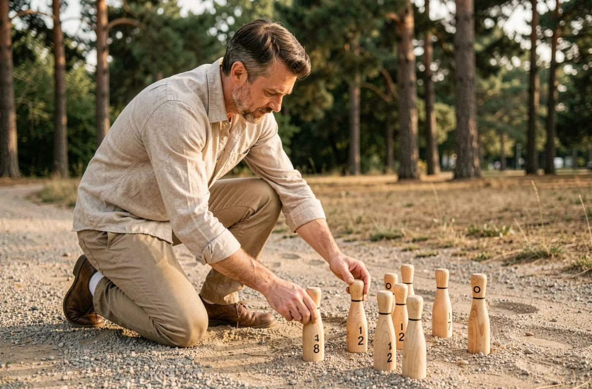 Homme installant les quilles de Mölkky sur un terrain en gravier dans un parc, montrant le placement précis des quilles numérotées pour une partie