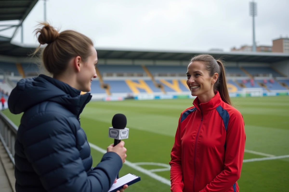 Athlète locale accordant une interview en bord de terrain à un journaliste de Gazette Sport Amiens lors d'une session d'entraînement au stade municipal