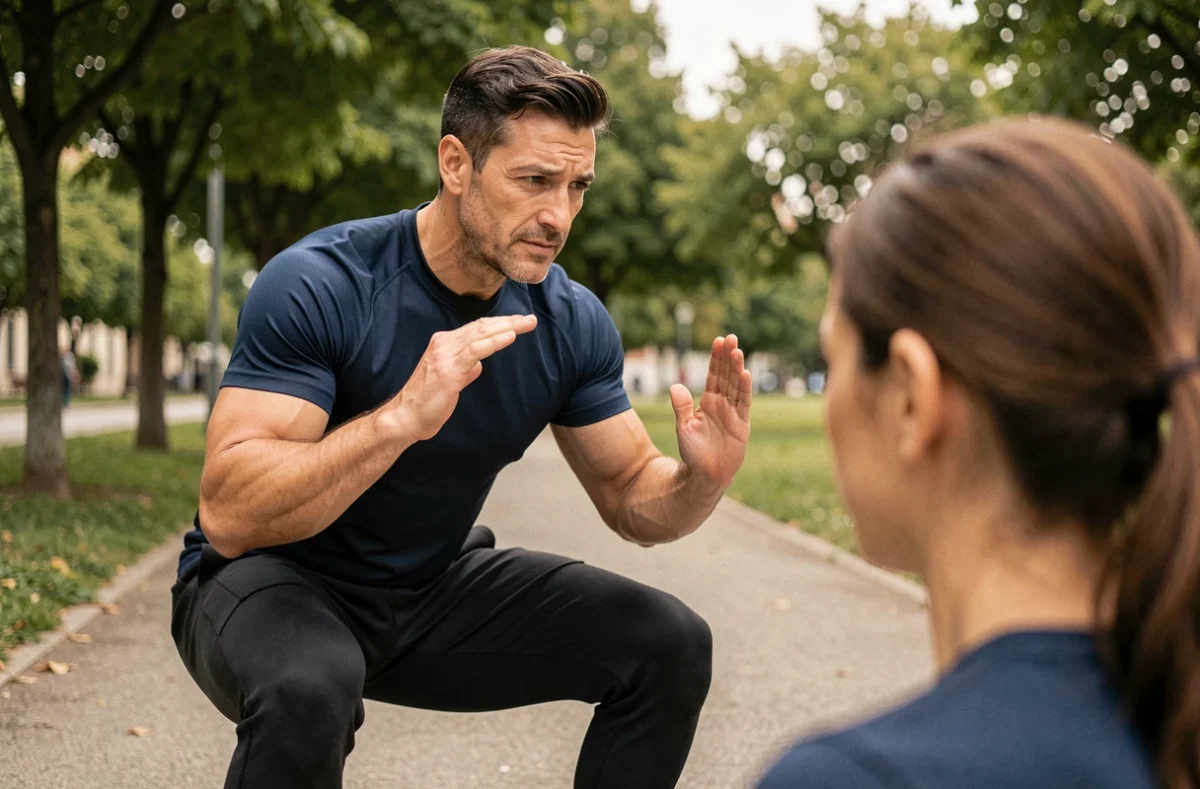 Coach sportif Jérôme Patouillard en train d'accompagner un client dans un parc à Saint-Étienne