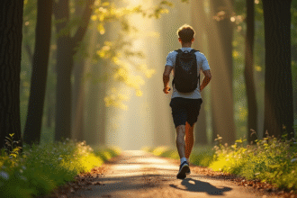 Jeune adulte marchant vite sur sentier forestier au matin