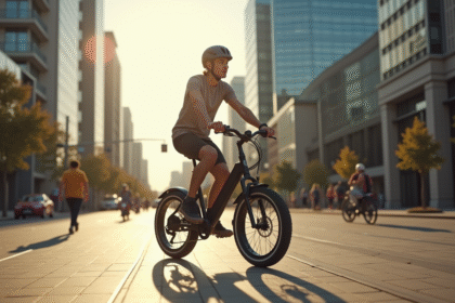 Jeune adulte roulant en vélo électrique en ville moderne