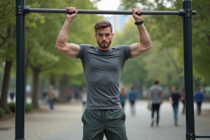 Jeune homme en pleine traction dans un parc urbain