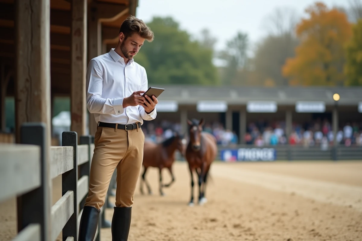 Jeune cavalier utilisant une tablette dans l arena d un concours équestre