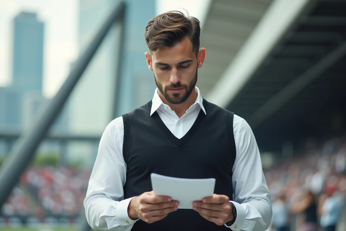 Jeune commentateur sportif en ville avec notes et ambiance moderne