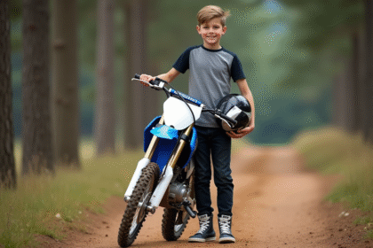 Jeune garçon de 16 ans souriant avec casque et moto
