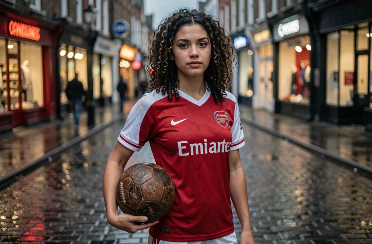 Jeune femme fan d'Arsenal en maillot rétro tenant un ballon de football sous la pluie dans une rue de North London