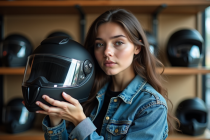 Jeune femme en denim avec casque moto dans un atelier moderne