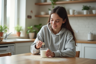Jeune femme en hoodie mélangeant protéine au matin