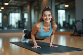 Jeune femme en planche dans une salle de gym moderne