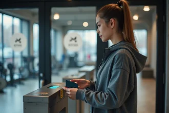 Jeune femme en tenue de sport scannant sa carte d'adhesion à la salle de sport