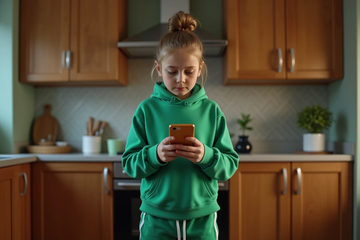 Jeune fille en cuisine regardant un guide football sur son smartphone