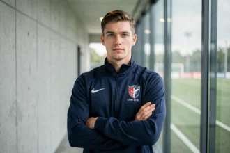 Jeune footballeur professionnel français en veste d'entraînement bleu marine dans un couloir de stade moderne, portrait trois quarts