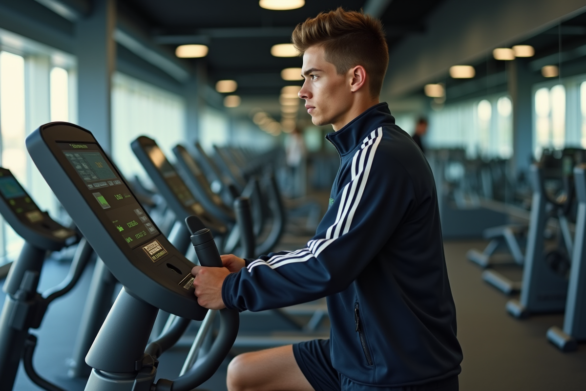 Jeune homme en pause sur un elliptique dans une salle de sport publique