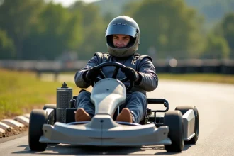 Jeune homme en karting avec casque et combinaison sportive