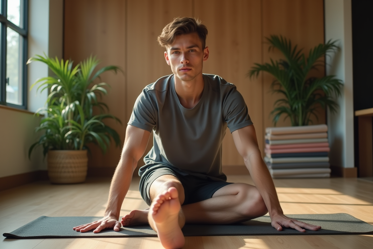 Jeune homme en étirement dans espace relaxation gym