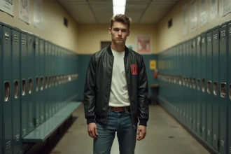 Jeune homme en veste vintage dans vestiaire sportif