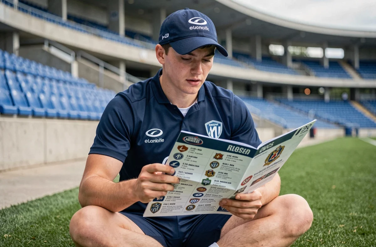 Jeune supporter lisant le programme et le calendrier de la Coupe du monde de rugby U20 dans un stade