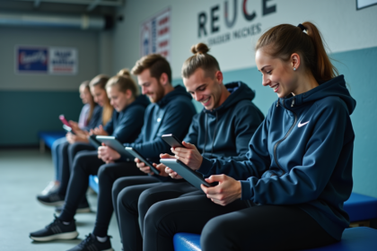 Jeunes athlètes utilisant tablettes dans centre sportif moderne
