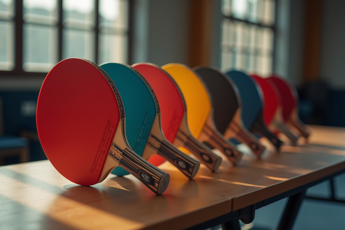 Plusieurs raquettes de tennis de table avec logos variés sur un banc
