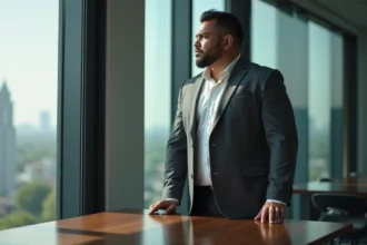 Joe Seanoa en costume dans un bureau moderne