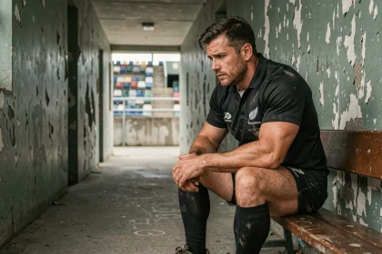 Joueur des All Blacks assis seul dans un tunnel de stade, regard pensif, illustrant les talents oubliés du rugby néo-zélandais