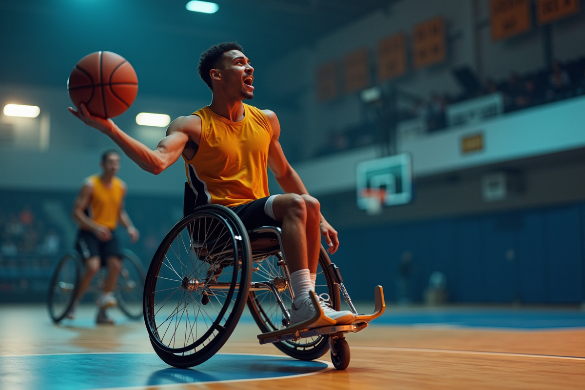 Joueur de basket en fauteuil en pleine action sur le terrain intérieur