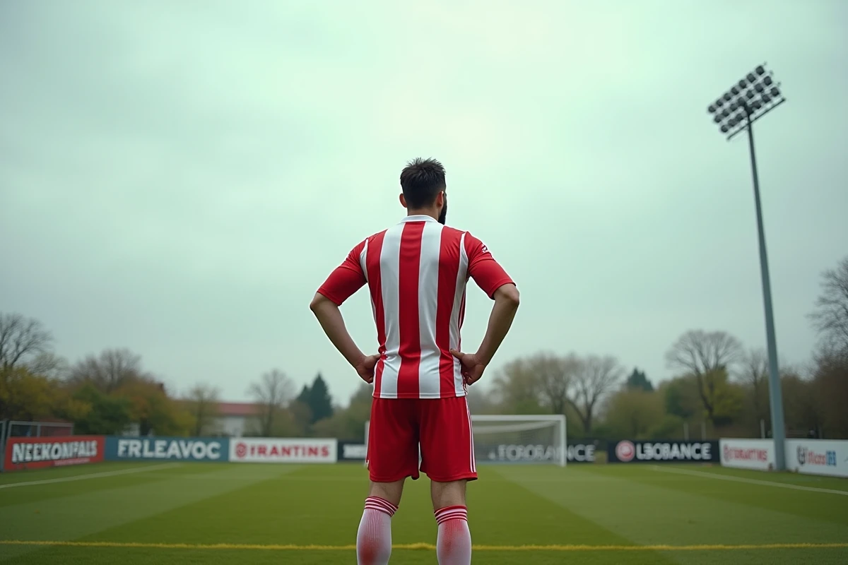 Joueur de football en Fédérale 2 concentré devant les buts lors d'un match de championnat régional