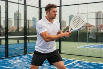 Joueur de padel en plein revers dynamique sur un court extérieur, illustrant la compétition et la stratégie pour accumuler des points P100