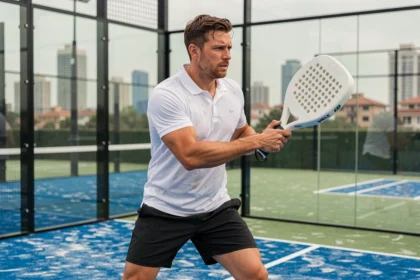 Joueur de padel en plein revers dynamique sur un court extérieur, illustrant la compétition et la stratégie pour accumuler des points P100